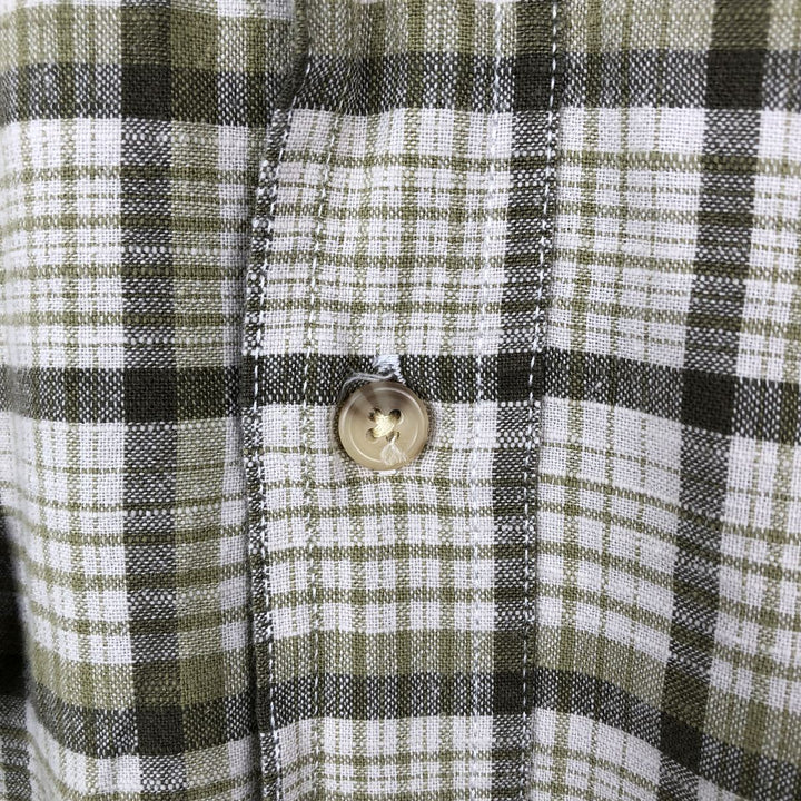 90s-00'S St. John's Bay Short-Sleeve Cotton Check Shirt, Boxy Fit, Men's Size L (approx.) cotton Khaki type sage green Vintage Second Hand