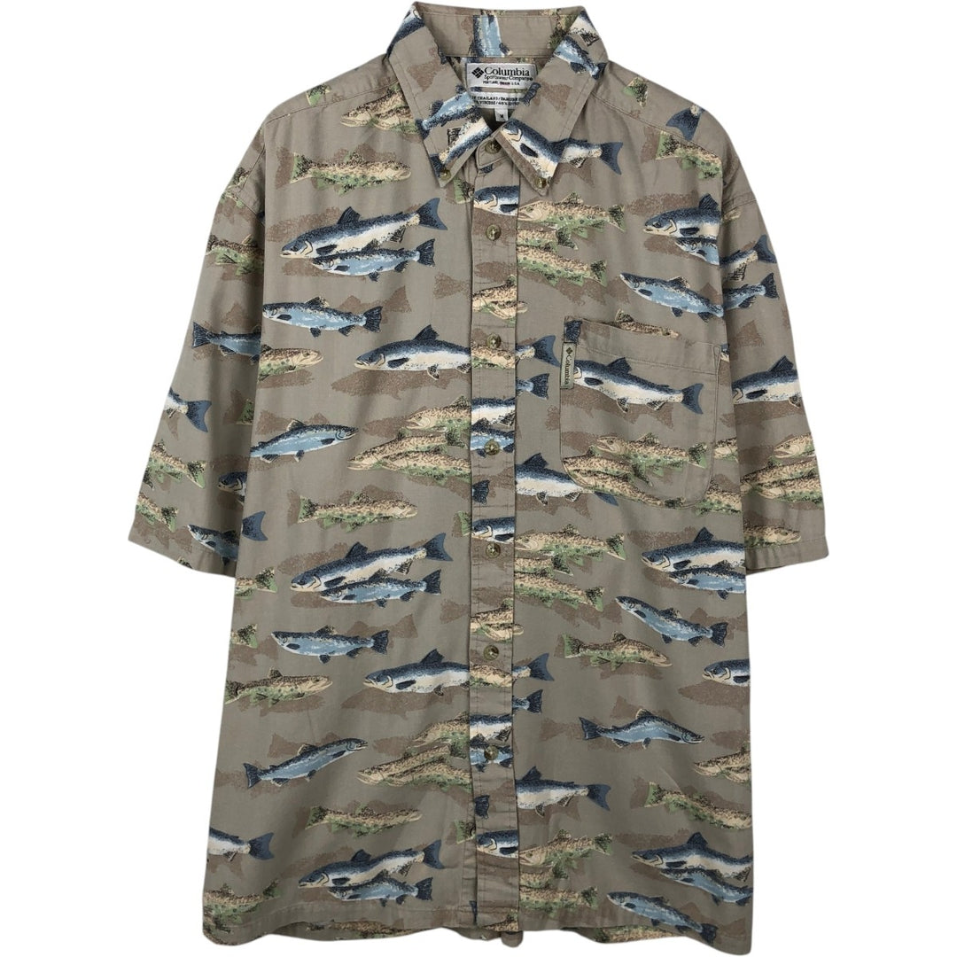 90s-00'S Columbia all-over fish print short-sleeved button-down shirt, men's size M. Viscose Beige type Vintage Second Hand