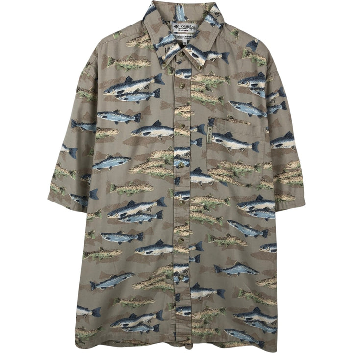90s-00'S Columbia all-over fish print short-sleeved button-down shirt, men's size M. Viscose Beige type Vintage Second Hand
