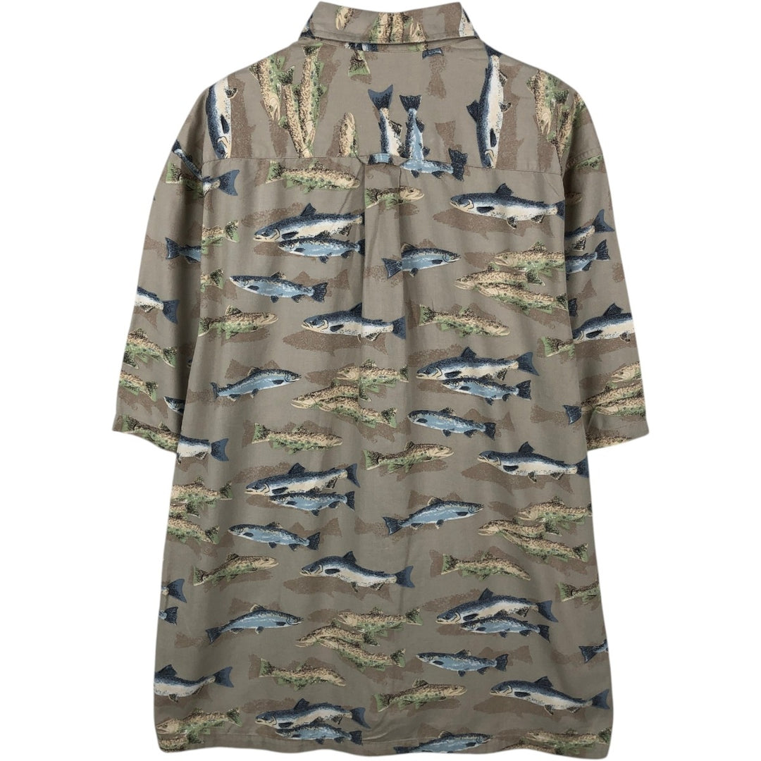 90s-00'S Columbia all-over fish print short-sleeved button-down shirt, men's size M. Viscose Beige type Vintage Second Hand