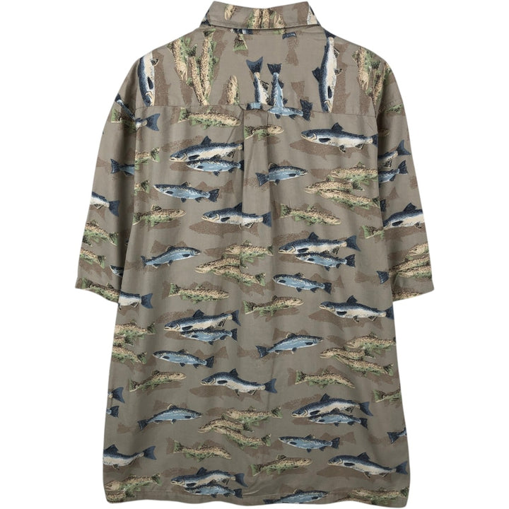 90s-00'S Columbia all-over fish print short-sleeved button-down shirt, men's size M. Viscose Beige type Vintage Second Hand