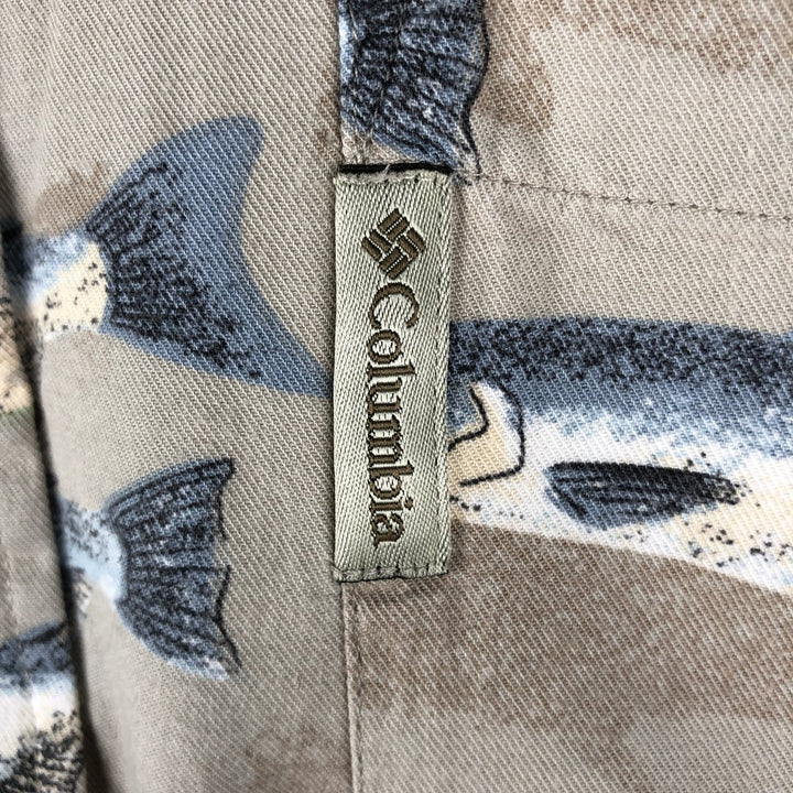 90s-00'S Columbia all-over fish print short-sleeved button-down shirt, men's size M. Viscose Beige type Vintage Second Hand