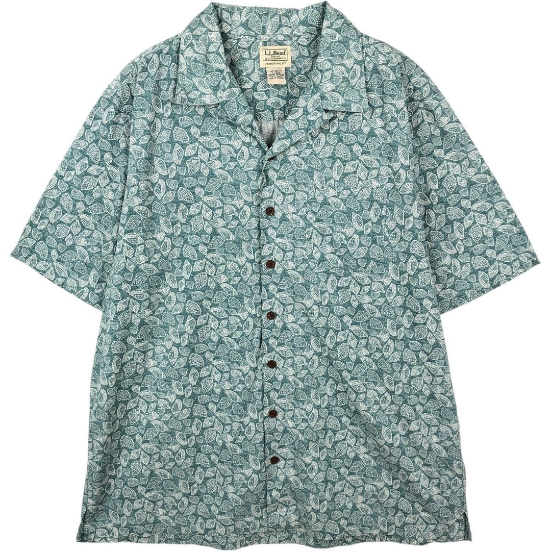 90s-00'S LL Bean Traditional Fit All-Over Print Short Sleeve Open Collar Cotton Box Shirt, Men's Size L cotton Khaki type sage green Vintage Second Hand