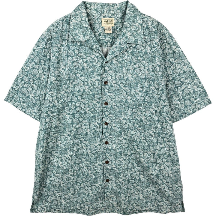 90s-00'S LL Bean Traditional Fit All-Over Print Short Sleeve Open Collar Cotton Box Shirt, Men's Size L cotton Khaki type sage green Vintage Second Hand