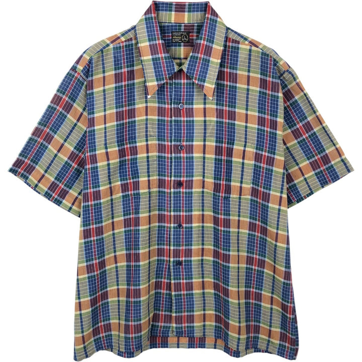 1970'S JCPenney Check Pattern Short-Sleeve Poly-Cotton Box Shirt Men's Size L (Equivalent) Vintage polyester blue type Vintage Second Hand
