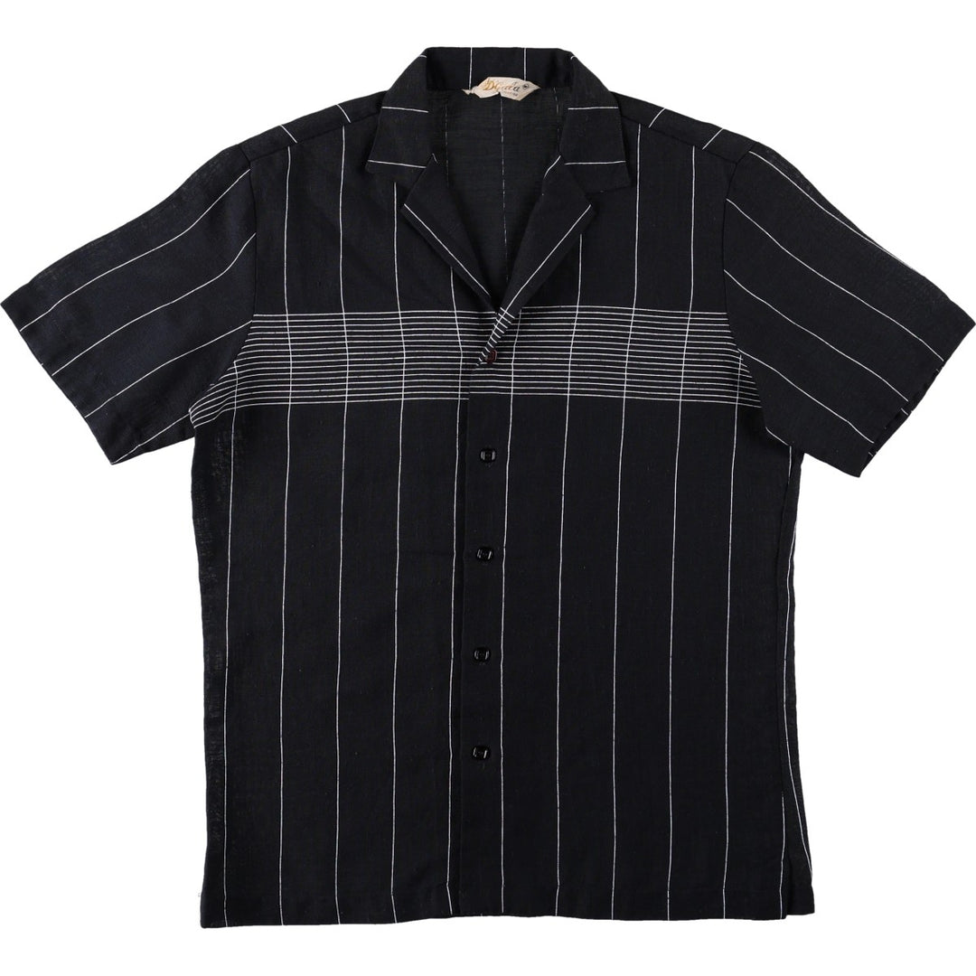D'Gala Stripe Pattern Short-Sleeve Open Collar Poly/Rayon Shirt, Boxy Shirt, Men's Size M (Equivalent), Vintage polyester black type Vintage Second Hand