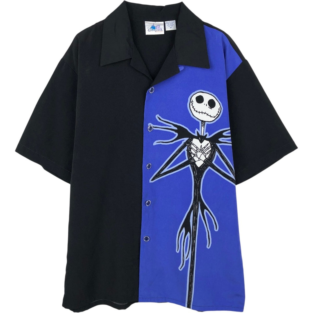 Disneyland Nightmare Before Christmas Two-Tone Short-Sleeve Open-Collar Polyester Shirt, Boxy Fit, Men's Size M (approx.) polyester black type Vintage Second Hand