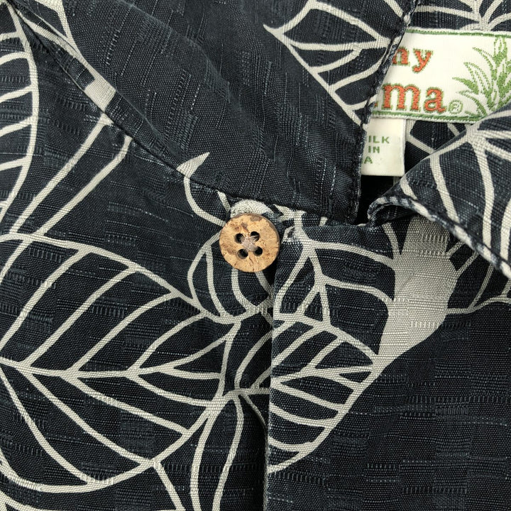 Tommy Bahama all-over floral print open-collar silk Hawaiian Aloha shirt, boxy style, men's size M. silk black type Vintage Second Hand