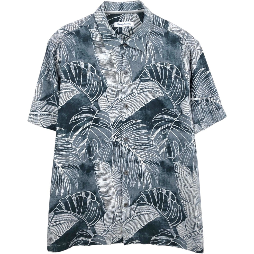 Tommy Bahama all-over leaf pattern silk Hawaiian Aloha shirt, boxy style, men's size L. silk gray type Vintage Second Hand