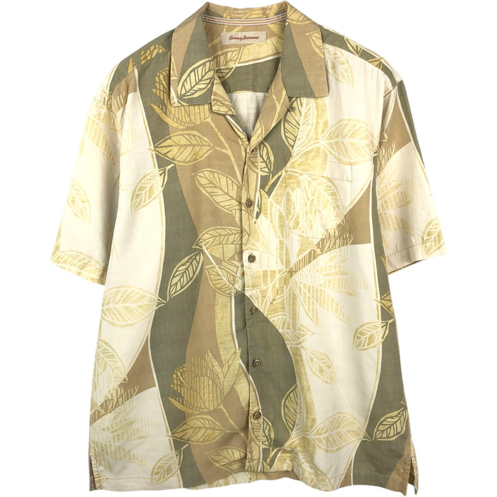 Tommy Bahama Leaf Pattern Open Collar Silk Hawaiian Aloha Shirt Box Shirt Men's L Size silk yellow type Vintage Second Hand