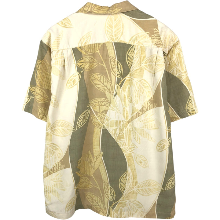 Tommy Bahama Leaf Pattern Open Collar Silk Hawaiian Aloha Shirt Box Shirt Men's L Size silk yellow type Vintage Second Hand
