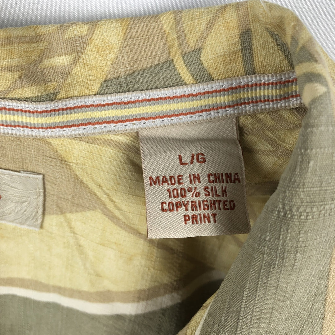 Tommy Bahama Leaf Pattern Open Collar Silk Hawaiian Aloha Shirt Box Shirt Men's L Size silk yellow type Vintage Second Hand