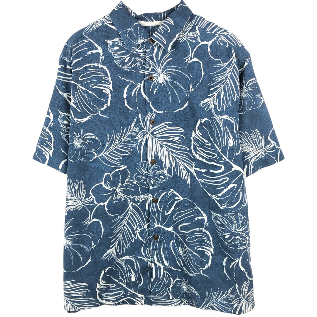 Tommy Bahama all-over leaf pattern silk Hawaiian Aloha shirt, boxy style, men's size L. silk navy blue type Vintage Second Hand
