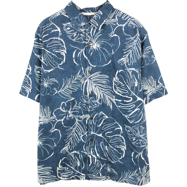 Tommy Bahama all-over leaf pattern silk Hawaiian Aloha shirt, boxy style, men's size L. silk navy blue type Vintage Second Hand