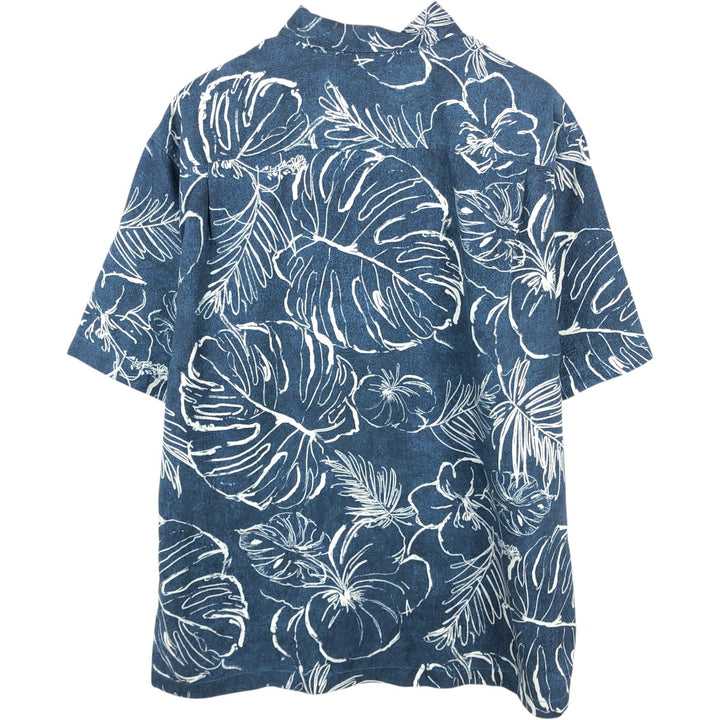 Tommy Bahama all-over leaf pattern silk Hawaiian Aloha shirt, boxy style, men's size L. silk navy blue type Vintage Second Hand