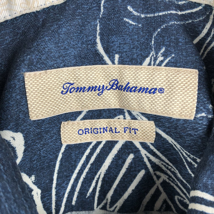 Tommy Bahama all-over leaf pattern silk Hawaiian Aloha shirt, boxy style, men's size L. silk navy blue type Vintage Second Hand