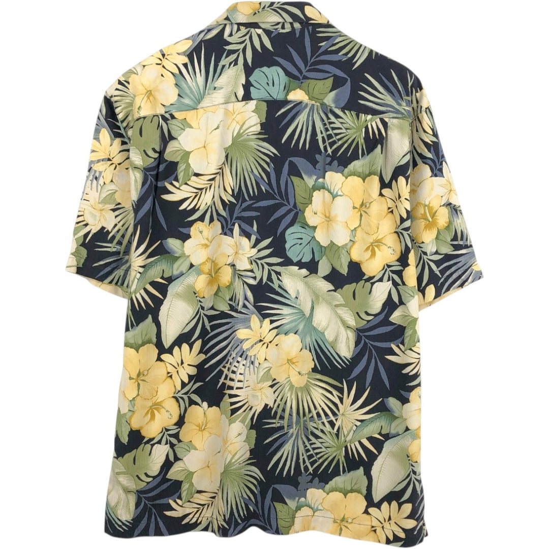 Tommy Bahama all-over hibiscus pattern open collar silk Hawaiian Aloha shirt, boxy fit, men's size L. silk yellow type Vintage Second Hand
