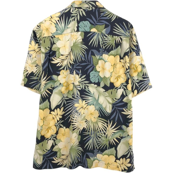 Tommy Bahama all-over hibiscus pattern open collar silk Hawaiian Aloha shirt, boxy fit, men's size L. silk yellow type Vintage Second Hand
