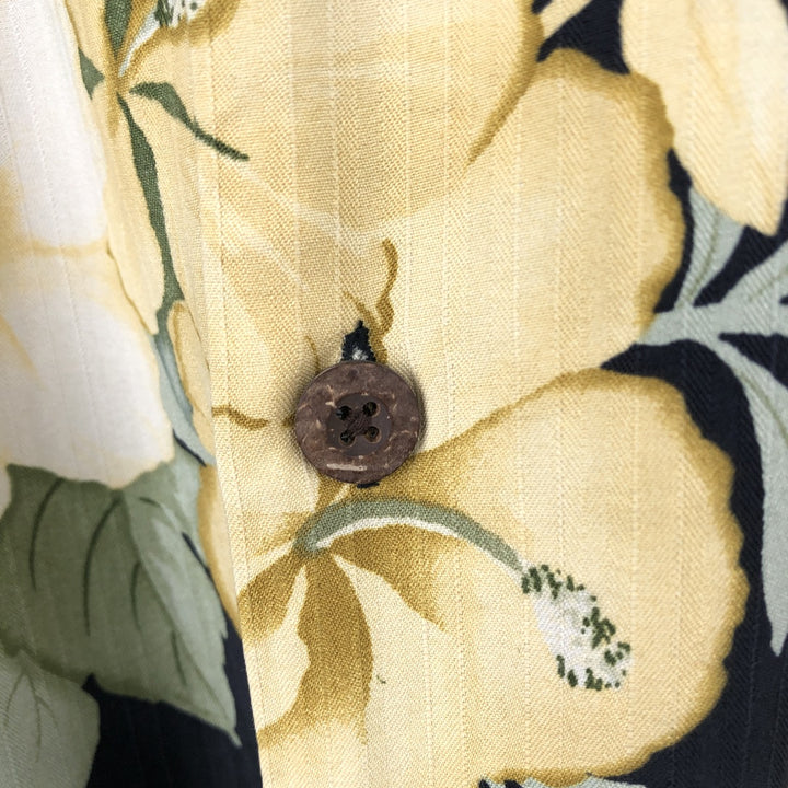 Tommy Bahama all-over hibiscus pattern open collar silk Hawaiian Aloha shirt, boxy fit, men's size L. silk yellow type Vintage Second Hand