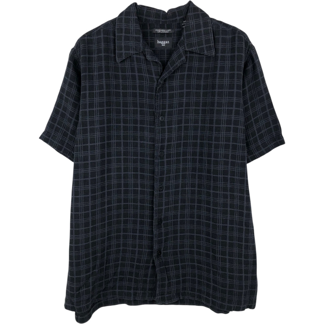 HAGGAR Check Pattern Short-Sleeve Open Collar Linen x Rayon Box Shirt (Men's Size M) linen black type Vintage Second Hand