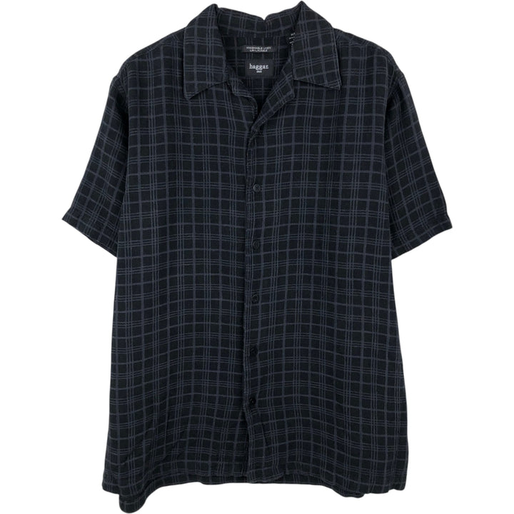 HAGGAR Check Pattern Short-Sleeve Open Collar Linen x Rayon Box Shirt (Men's Size M) linen black type Vintage Second Hand