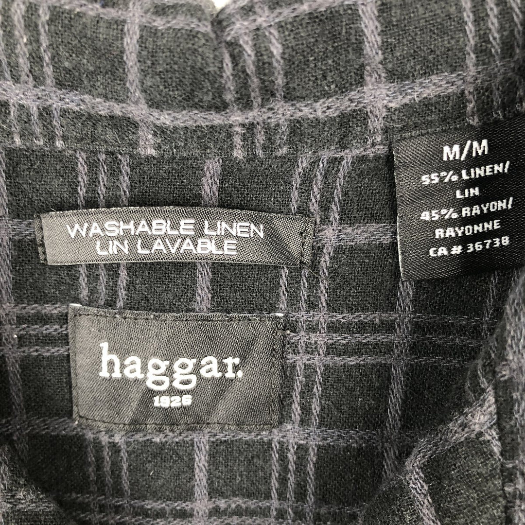 HAGGAR Check Pattern Short-Sleeve Open Collar Linen x Rayon Box Shirt (Men's Size M) linen black type Vintage Second Hand