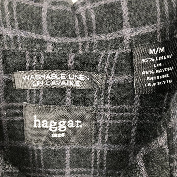 HAGGAR Check Pattern Short-Sleeve Open Collar Linen x Rayon Box Shirt (Men's Size M) linen black type Vintage Second Hand