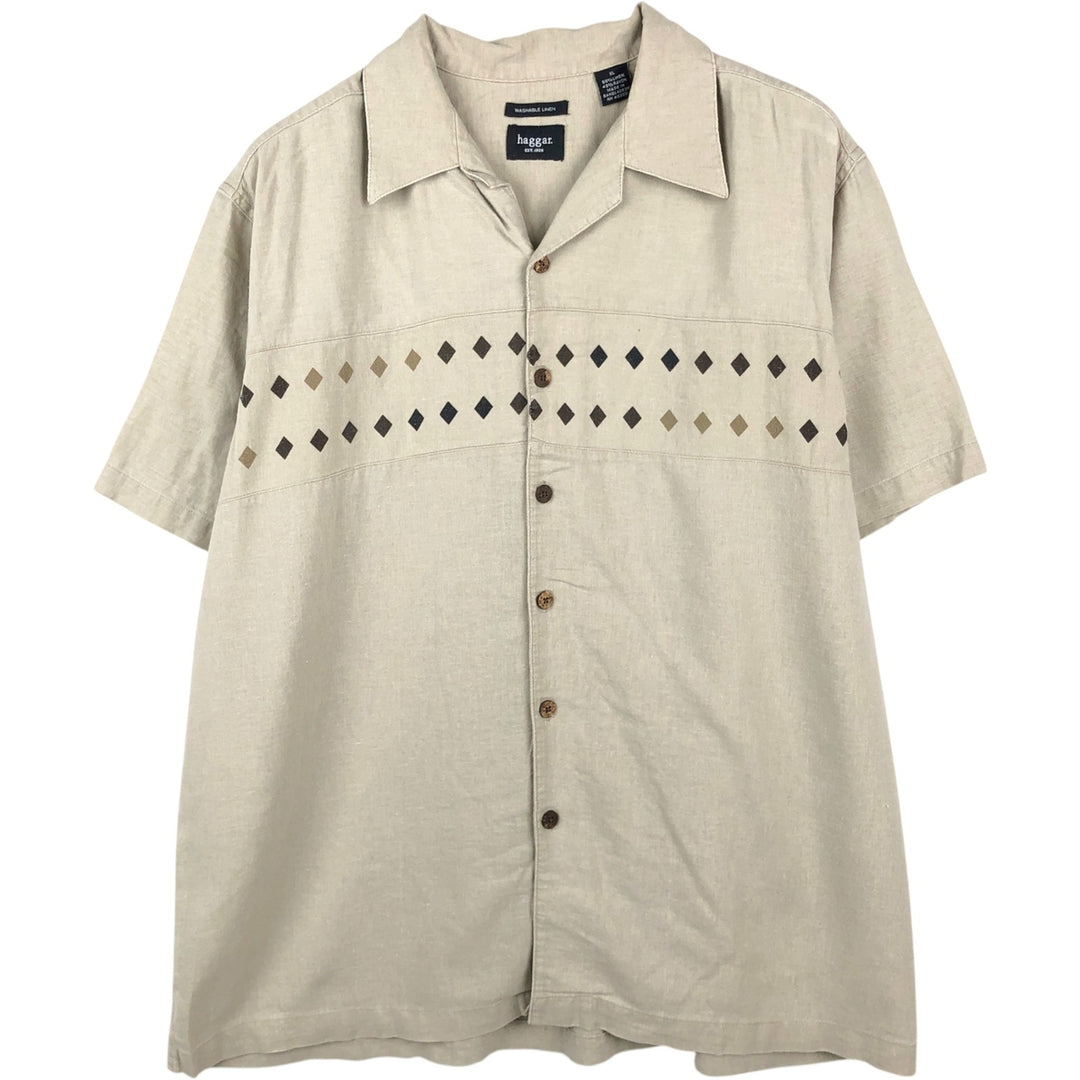 HAGGAR Washable Linen Short-Sleeve Open-Collar Linen x Rayon Box Shirt (Men's XL equivalent) linen unbleached Vintage Second Hand