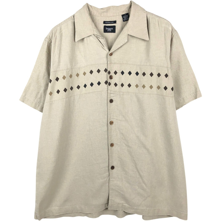 HAGGAR Washable Linen Short-Sleeve Open-Collar Linen x Rayon Box Shirt (Men's XL equivalent) linen unbleached Vintage Second Hand