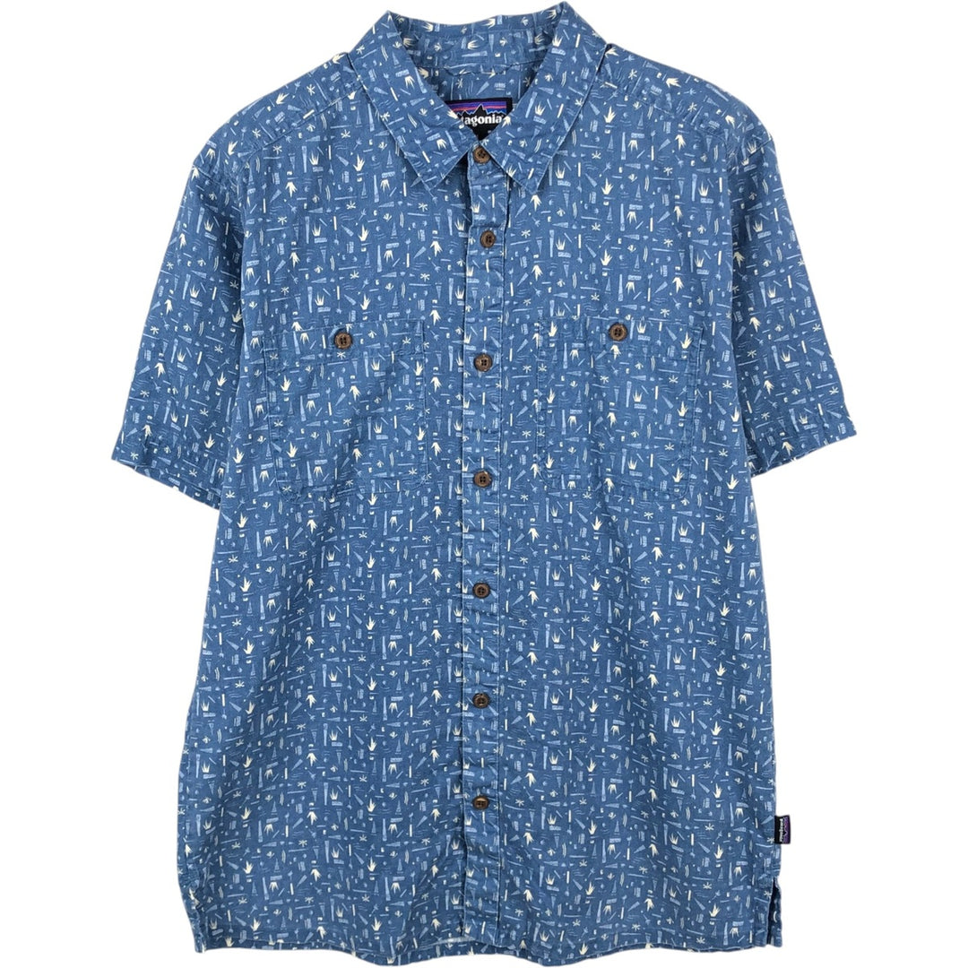 Patagonia Backstep Shirt 53139SP20, all-over print, short-sleeved, hemp x cotton, boxy shirt, men's size M. Hemp blue type Vintage Second Hand