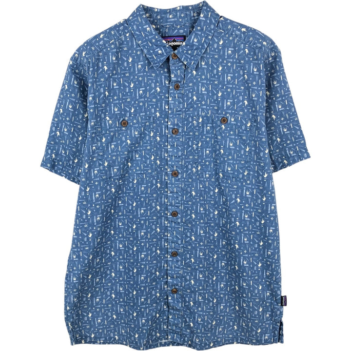 Patagonia Backstep Shirt 53139SP20, all-over print, short-sleeved, hemp x cotton, boxy shirt, men's size M. Hemp blue type Vintage Second Hand