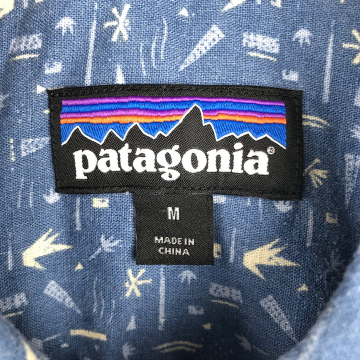 Patagonia Backstep Shirt 53139SP20, all-over print, short-sleeved, hemp x cotton, boxy shirt, men's size M. Hemp blue type Vintage Second Hand