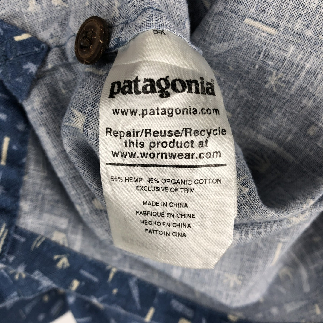 Patagonia Backstep Shirt 53139SP20, all-over print, short-sleeved, hemp x cotton, boxy shirt, men's size M. Hemp blue type Vintage Second Hand