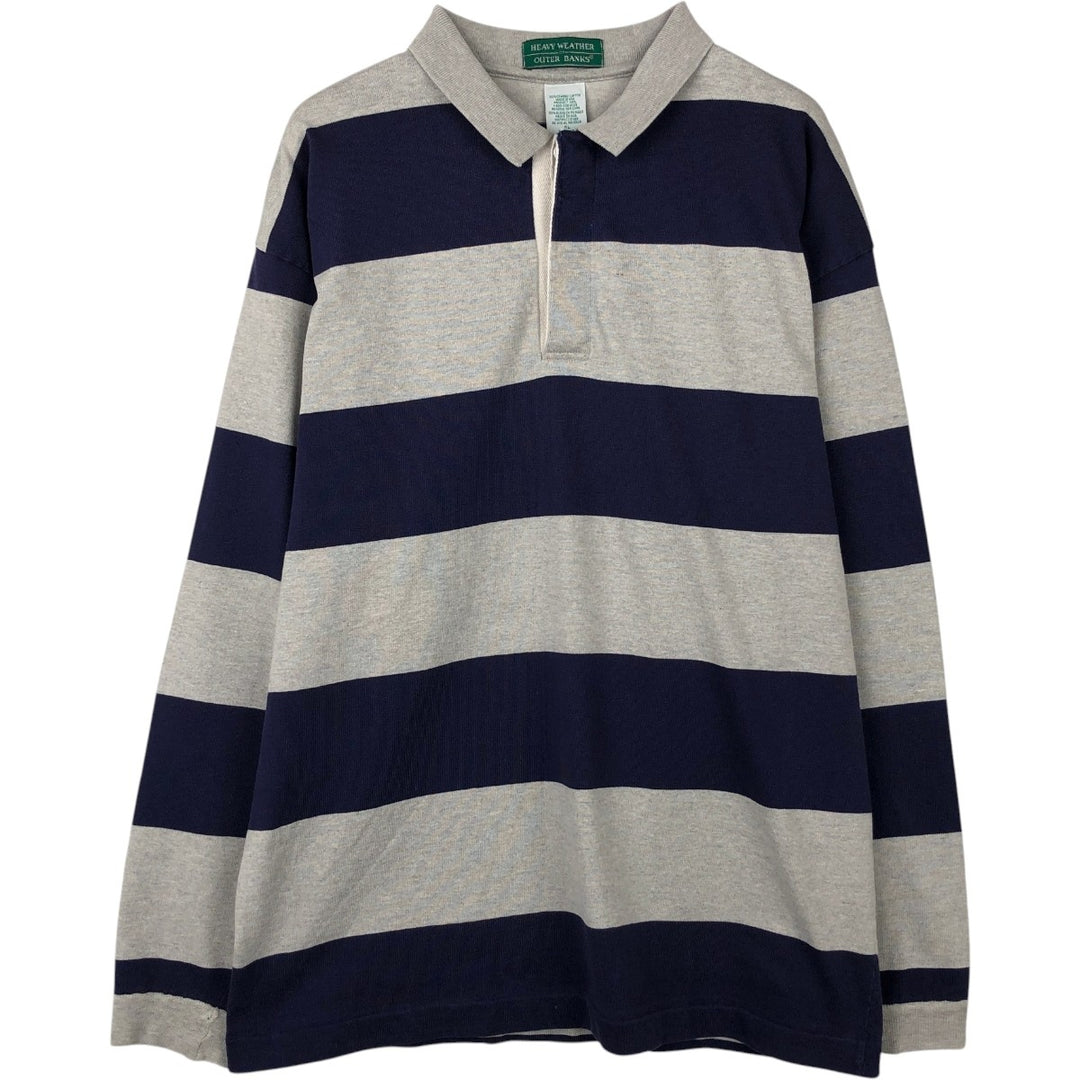 90'S Heavy Weather by Outer Banks Striped Pattern Long-Sleeve Rugby Shirt, Made in USA, Men's XL (approx.), Vintage cotton navy blue type Vintage Second Hand