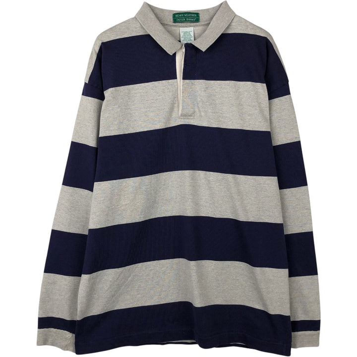 90'S Heavy Weather by Outer Banks Striped Pattern Long-Sleeve Rugby Shirt, Made in USA, Men's XL (approx.), Vintage cotton navy blue type Vintage Second Hand