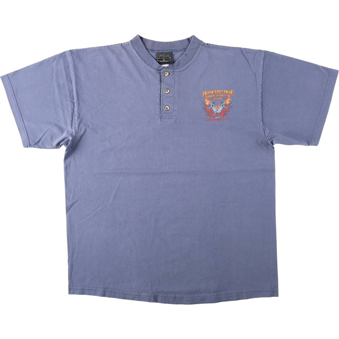SANSEGAL Fire Pattern Henley Neck Motorcycle T-Shirt (Men's Size L) cotton blue type Vintage Second Hand
