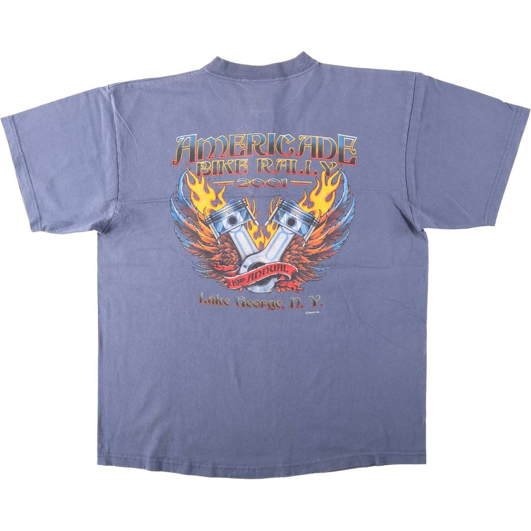 SANSEGAL Fire Pattern Henley Neck Motorcycle T-Shirt (Men's Size L) cotton blue type Vintage Second Hand