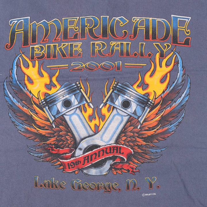 SANSEGAL Fire Pattern Henley Neck Motorcycle T-Shirt (Men's Size L) cotton blue type Vintage Second Hand