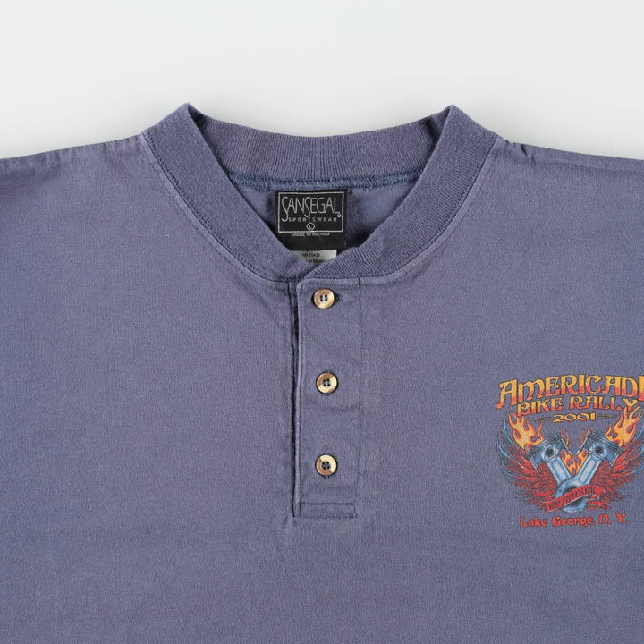SANSEGAL Fire Pattern Henley Neck Motorcycle T-Shirt (Men's Size L) cotton blue type Vintage Second Hand