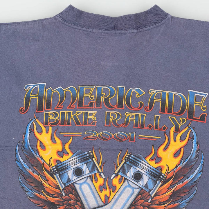 SANSEGAL Fire Pattern Henley Neck Motorcycle T-Shirt (Men's Size L) cotton blue type Vintage Second Hand
