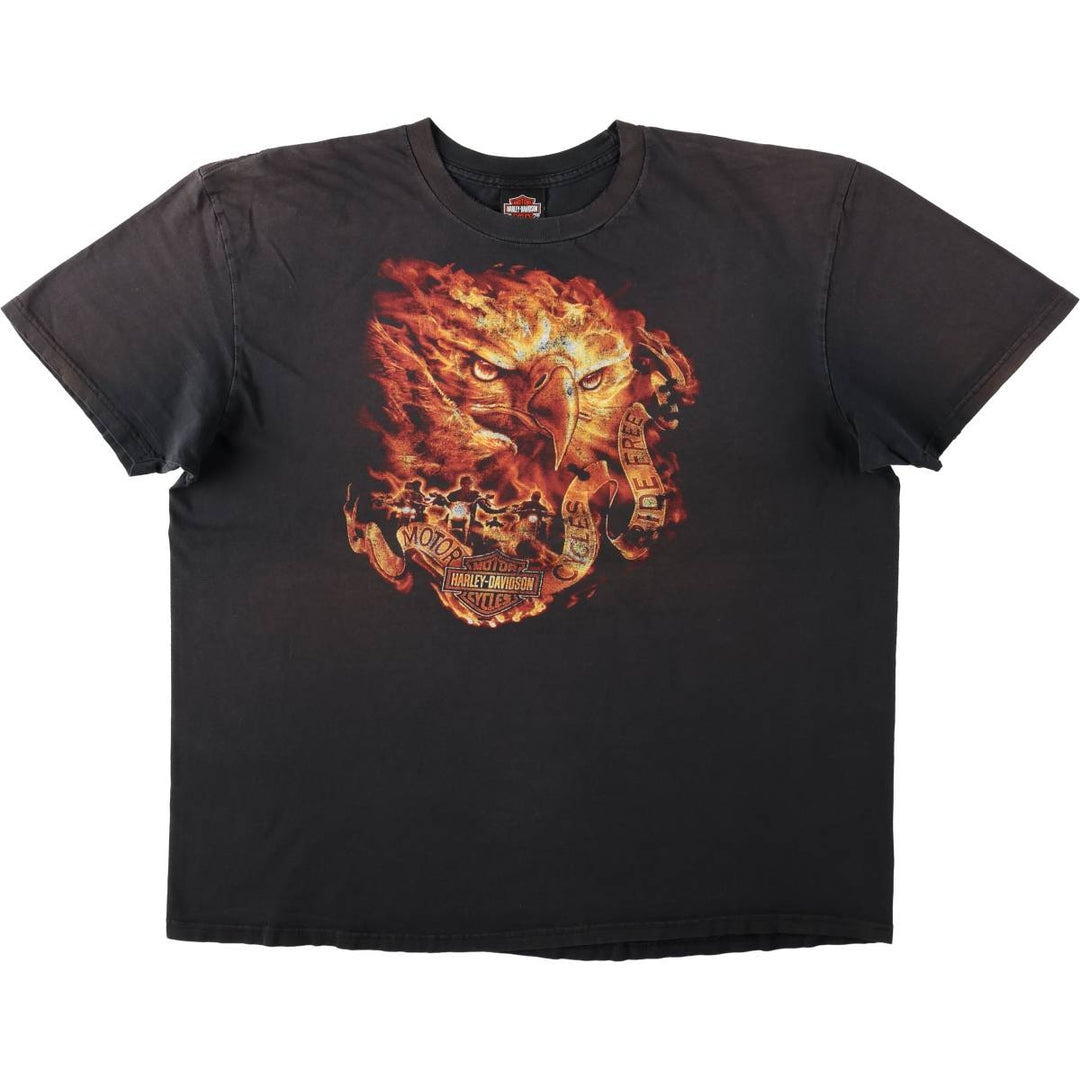 Harley-Davidson Fire Pattern Eagle Design Motorcycle T-Shirt, Men's XXL (approx.) cotton black type Vintage Second Hand