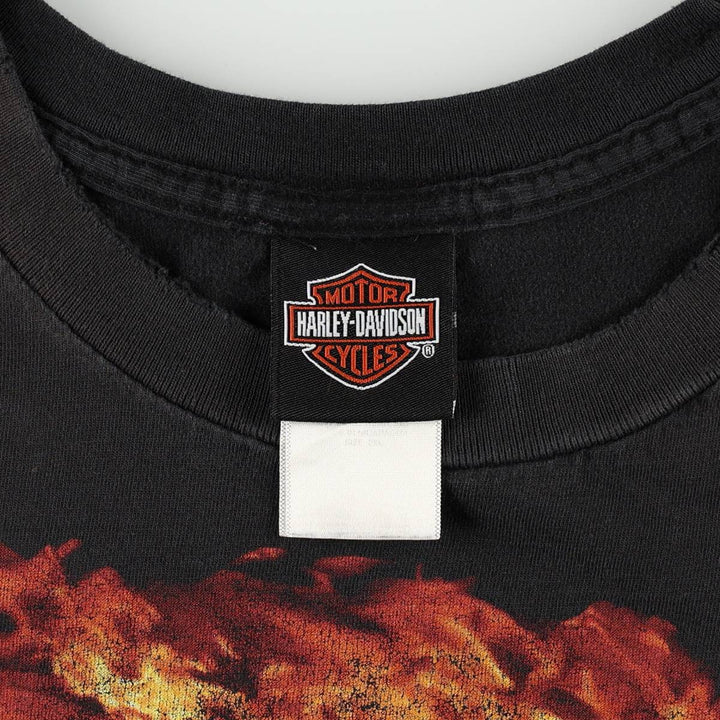 Harley-Davidson Fire Pattern Eagle Design Motorcycle T-Shirt, Men's XXL (approx.) cotton black type Vintage Second Hand
