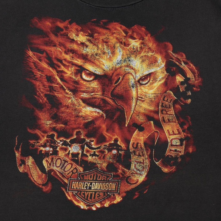 Harley-Davidson Fire Pattern Eagle Design Motorcycle T-Shirt, Men's XXL (approx.) cotton black type Vintage Second Hand
