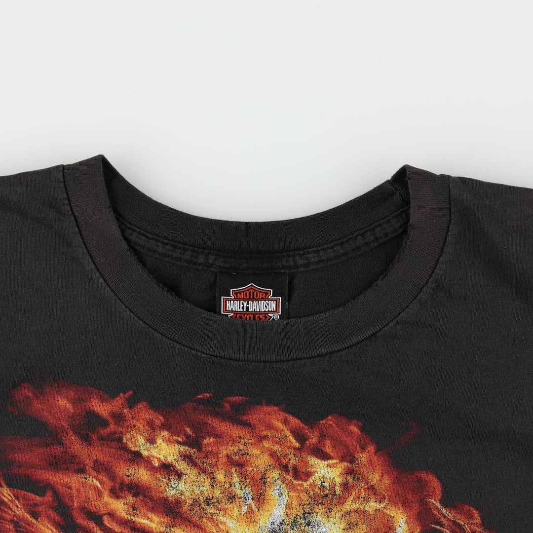 Harley-Davidson Fire Pattern Eagle Design Motorcycle T-Shirt, Men's XXL (approx.) cotton black type Vintage Second Hand