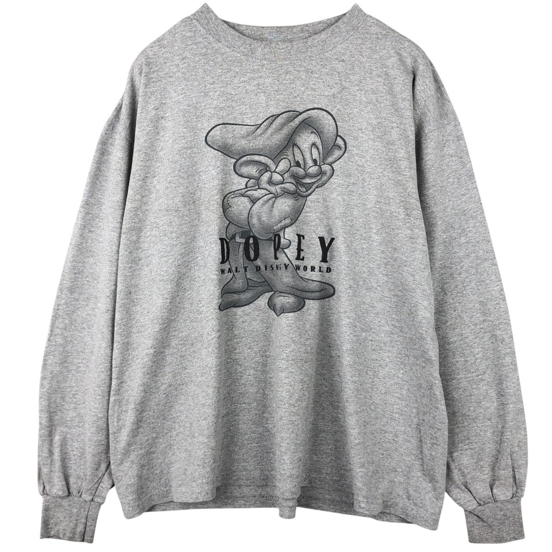 Walt Disney World Snow White DOPEY Character Print Long-Sleeve T-Shirt (Men's Size L) cotton gray type Vintage Second Hand
