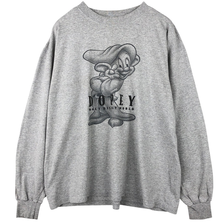 Walt Disney World Snow White DOPEY Character Print Long-Sleeve T-Shirt (Men's Size L) cotton gray type Vintage Second Hand