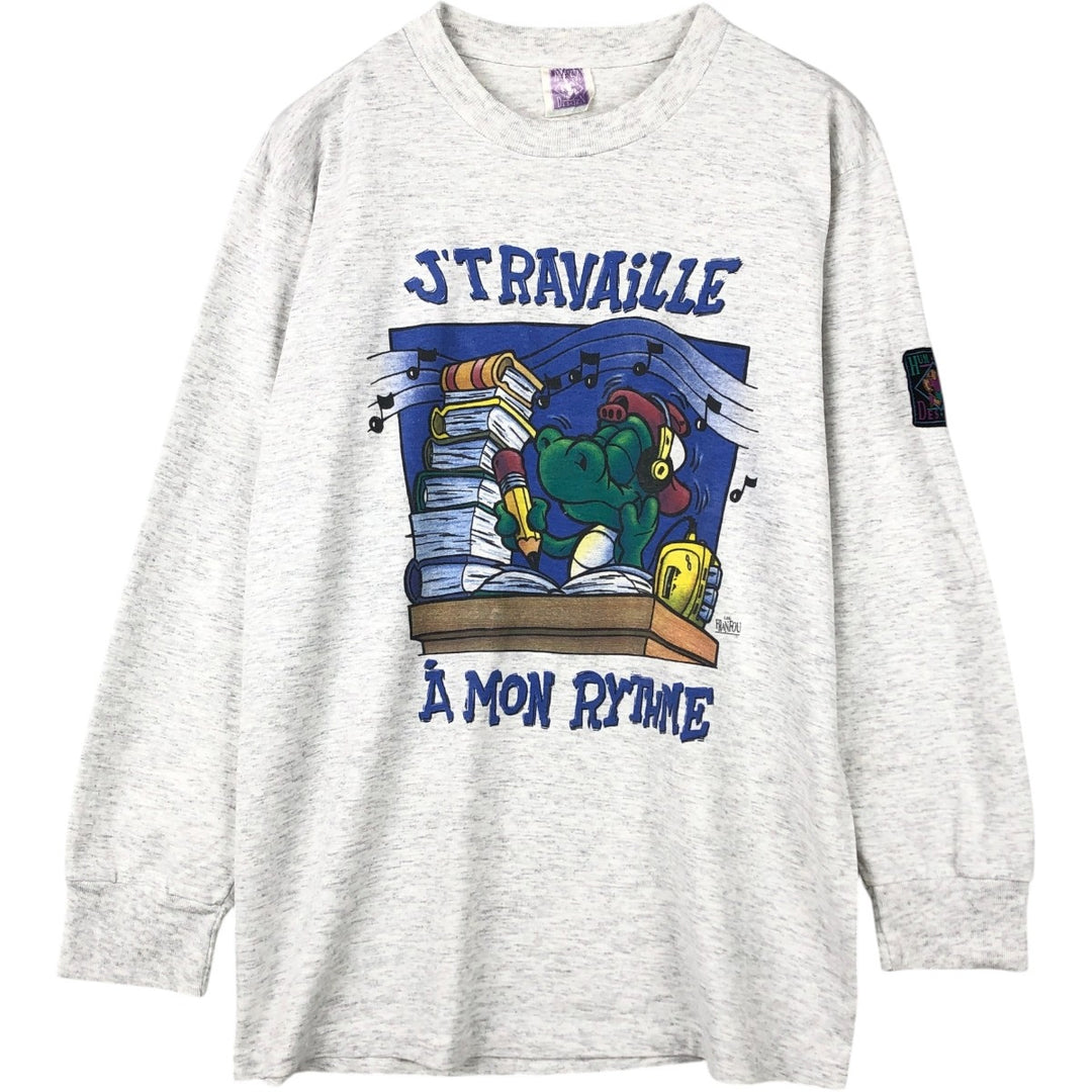 90'S HUMEUR DESIGN Long-Sleeve T-Shirt, Made in Canada, Men's Size M (approx.), Vintage cotton pale white type Vintage Second Hand