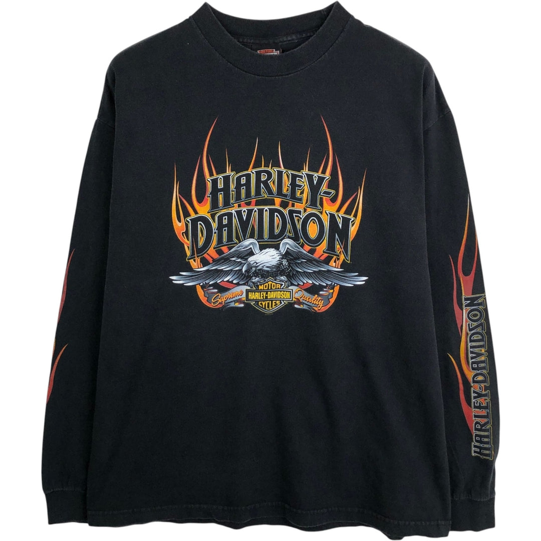 Harley-Davidson Fire Pattern Eagle Design Motorcycle Long-Sleeve T-Shirt (Men's XL equivalent) cotton black type Vintage Second Hand
