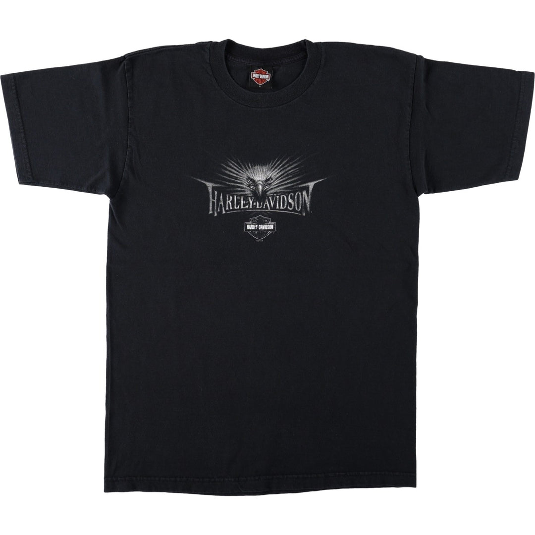 00'S Harley Davidson Eagle Pattern Fire Pattern Motorcycle Bike T-shirt Made in USA Men's L size cotton black type Vintage Second Hand