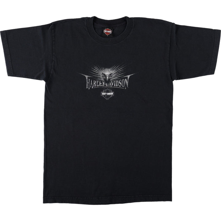00'S Harley Davidson Eagle Pattern Fire Pattern Motorcycle Bike T-shirt Made in USA Men's L size cotton black type Vintage Second Hand